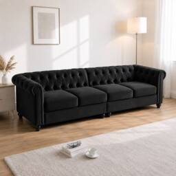 Sofaya Hampton 4 Seater Chesterfield Sofa Velvet Soft Cushion Couch in Black - Size: 4 Person - thumbnail 1