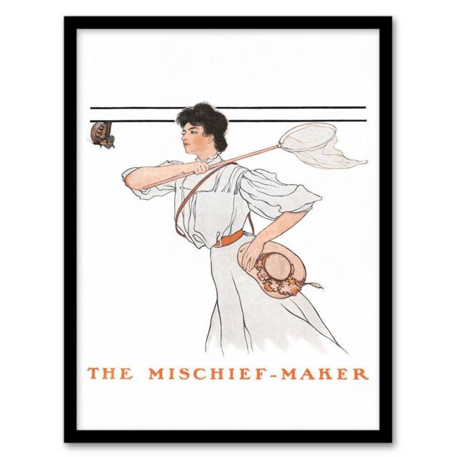 "Artery8 Mischief Woman With Butterfly Net Vintage Framed Wall Art Print Penfield in White - Size: W12"" x H16""" - image 1