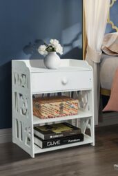 Living and Home Hollow Carved Bird Pattern Side Table Nightstand Shelf Bedroom Cabinet with Drawer in White - thumbnail 2