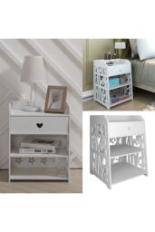Living and Home Hollow Carved Bird Pattern Side Table Nightstand Shelf Bedroom Cabinet with Drawer in White - thumbnail 4