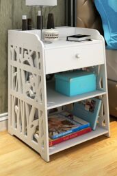 Living and Home Hollow Carved Bird Pattern Side Table Nightstand Shelf Bedroom Cabinet with Drawer in White