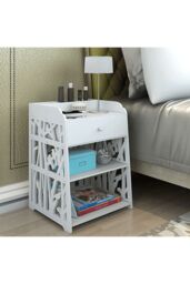 Living and Home Hollow Carved Bird Pattern Side Table Nightstand Shelf Bedroom Cabinet with Drawer in White - thumbnail 3