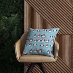 Warren Reed - Designer Adorable Santa Penguins Outdoor Cushion in Blue - Size: 45 cm x 45 cm - thumbnail 2