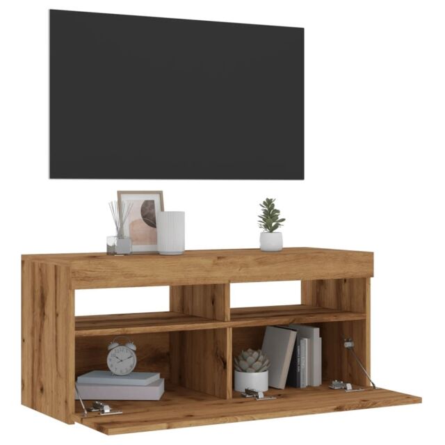 Berkfield Home TV Cabinet with LED Lights Artisan Oak 90x35x40 cm Engineered Wood in Brown - Size: 90 x 35 x 40 cm - image 1