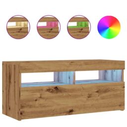 Berkfield Home TV Cabinet with LED Lights Artisan Oak 90x35x40 cm Engineered Wood in Brown - Size: 90 x 35 x 40 cm - thumbnail 2