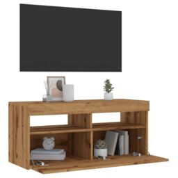Berkfield Home TV Cabinet with LED Lights Artisan Oak 90x35x40 cm Engineered Wood in Brown - Size: 90 x 35 x 40 cm - thumbnail 1