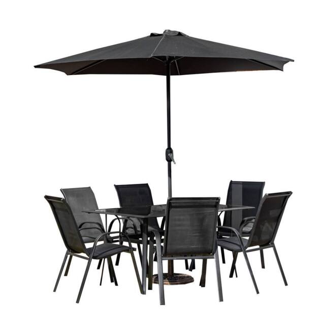 Samuel Alexander Outdoor 6 Person Glass Top Dining Table Chairs. Black Parasol & Base - image 1