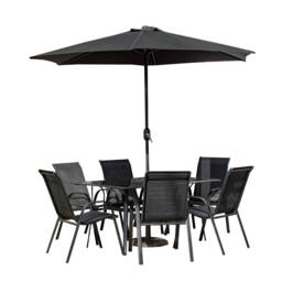 Samuel Alexander Outdoor 6 Person Glass Top Dining Table Chairs. Black Parasol & Base - thumbnail 1
