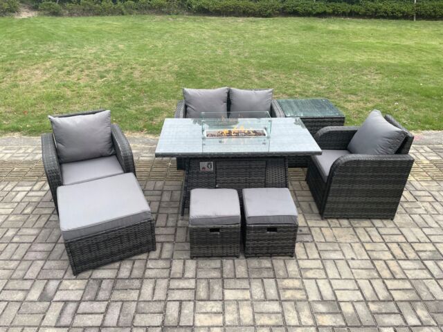 Fimous Rattan Garden Furniture Set Outdoor Patio Gas Fire Pit Dining Table & Chairs with 3 Footstools in Dark Grey - image 1