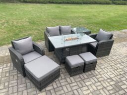 Fimous Rattan Garden Furniture Set Outdoor Patio Gas Fire Pit Dining Table & Chairs with 3 Footstools in Dark Grey - thumbnail 3
