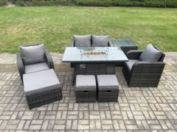 Fimous Rattan Garden Furniture Set Outdoor Patio Gas Fire Pit Dining Table & Chairs with 3 Footstools in Dark Grey - thumbnail 1