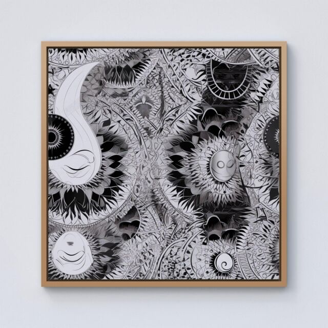 Warren Reed - Designer Abstract Moon & Sun Framed Canvas in Light Brown - Size: w40 inch x h40 inch - image 1