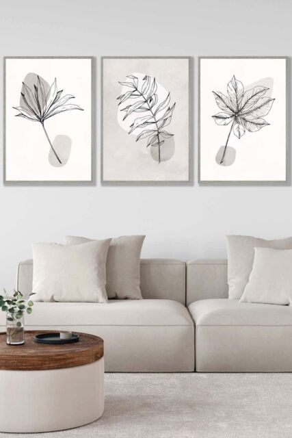 ARTZE Set of 3 Light Grey Framed Grey & Beige Botanical Sketch Leaves Wall Art in Light Beige - Size: W53 cm x H73 cm x D20mm - image 1