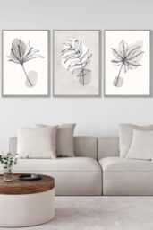 ARTZE Set of 3 Light Grey Framed Grey & Beige Botanical Sketch Leaves Wall Art in Light Beige - Size: W53 cm x H73 cm x D20mm - thumbnail 1