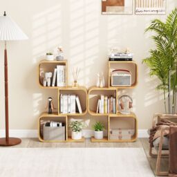 Costway 3-TierS-Shaped Bookcase, Bamboo Bookshelf w/3 Open Cubes in Natural - thumbnail 9