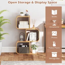 Costway 3-TierS-Shaped Bookcase, Bamboo Bookshelf w/3 Open Cubes in Natural - thumbnail 7