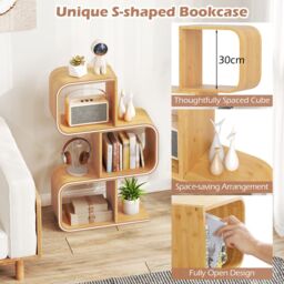 Costway 3-TierS-Shaped Bookcase, Bamboo Bookshelf w/3 Open Cubes in Natural - thumbnail 3