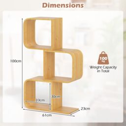 Costway 3-TierS-Shaped Bookcase, Bamboo Bookshelf w/3 Open Cubes in Natural - thumbnail 2