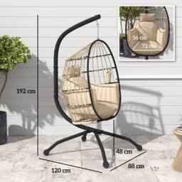 OUTSUNNY Egg Chair Outdoor Indoor Garden Swing Chair, Folding Basket, Khaki - thumbnail 3