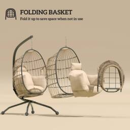 OUTSUNNY Egg Chair Outdoor Indoor Garden Swing Chair, Folding Basket, Khaki - thumbnail 6