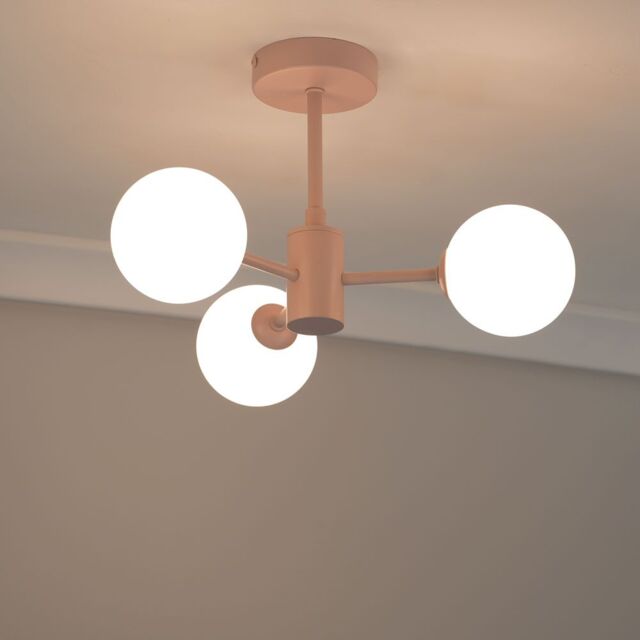 ValueLights Marlow Opaque Glass Globe 3 Arm Ceiling Light with LED Bulbs in Baby Pink - image 1