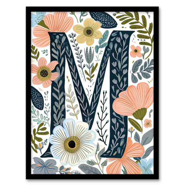 Artery8 Women's Wall Art Print Letter M in Abstract Watercolour Flowers Cute Floral Word Art Framed - Size: A4 - image 1