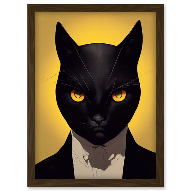 Artery8 Le Chat Noir Black Cat Tuxedo Yellow Portrait Artwork Framed Wall Art Print A4 in Brown - image 1