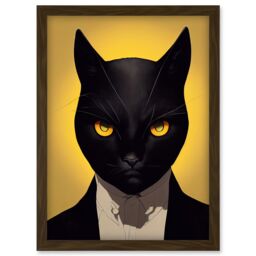 Artery8 Le Chat Noir Black Cat Tuxedo Yellow Portrait Artwork Framed Wall Art Print A4 in Brown - thumbnail 1