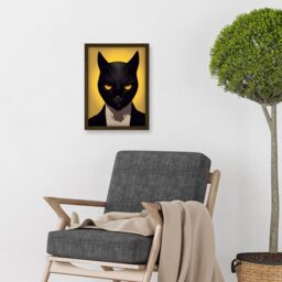 Artery8 Le Chat Noir Black Cat Tuxedo Yellow Portrait Artwork Framed Wall Art Print A4 in Brown - thumbnail 2