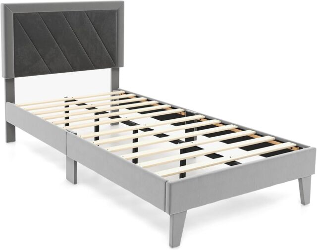 Gymax Single Upholstered Bed Frame Platform Bed With Velvet High Headboard in Grey - image 1