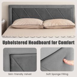 Gymax Single Upholstered Bed Frame Platform Bed With Velvet High Headboard in Grey - thumbnail 4