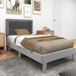 Gymax Single Upholstered Bed Frame Platform Bed With Velvet High Headboard in Grey - thumbnail 2