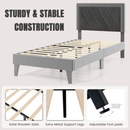 Gymax Single Upholstered Bed Frame Platform Bed With Velvet High Headboard in Grey - thumbnail 5