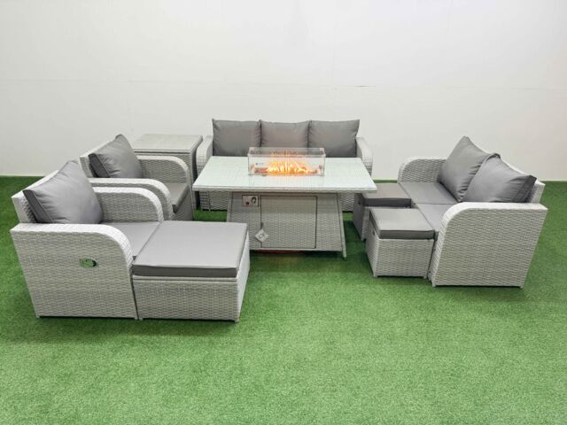 Fimous PE Rattan Garden Furniture Set Reclining Chair Sofa Double Love Seat 2 Seater Sofa Lounge Set Firepit Dining Table 3 Stools Side Table Light - image 1