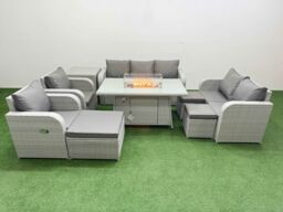 Fimous PE Rattan Garden Furniture Set Reclining Chair Sofa Double Love Seat 2 Seater Sofa Lounge Set Firepit Dining Table 3 Stools Side Table Light - thumbnail 2