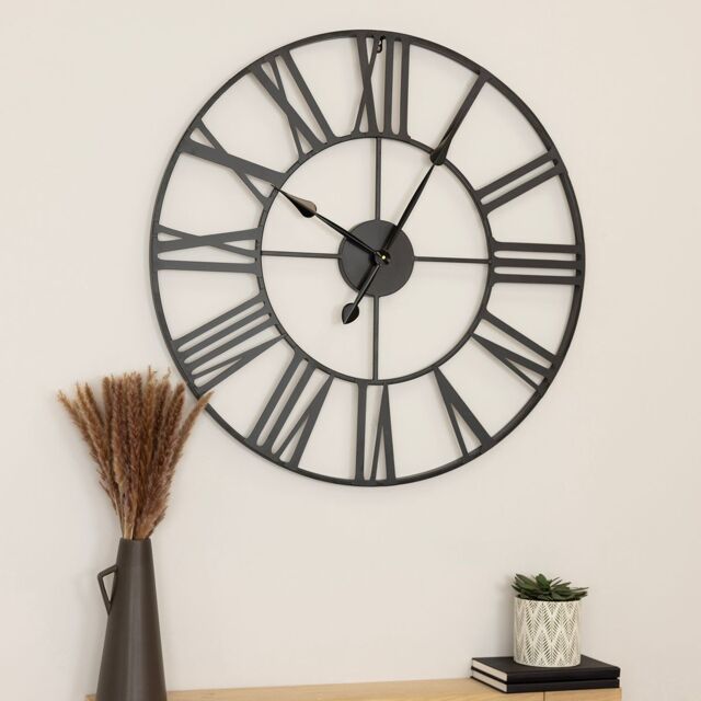 Charles Bentley Round Skeleton Clock with Roman Numerals Matte Black 80cm - image 1