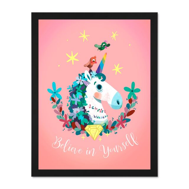 "Artery8 Wall Art Print Unicorn Believe In Yourself Wall Large Framed Wall Décor Art in Light Oak - Size: W18"" x H24""" - image 1