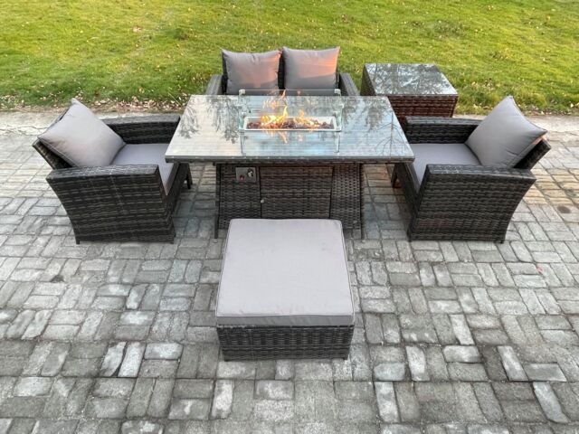Fimous 5 Seater Outdoor Rattan Sofa Set Garden Furniture Gas Firepit Dining Table Heater with Side Table in Dark Grey