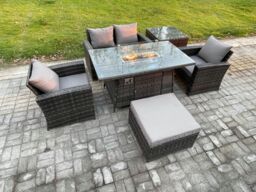 Fimous 5 Seater Outdoor Rattan Sofa Set Garden Furniture Gas Firepit Dining Table Heater with Side Table in Dark Grey - thumbnail 2