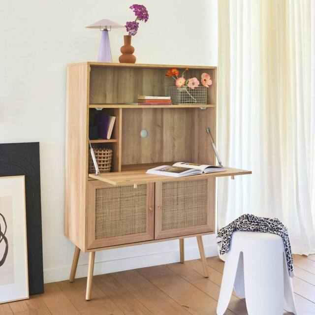 sweeek Secretary desk with wood decor, cane & 2 doors in Beige - image 1