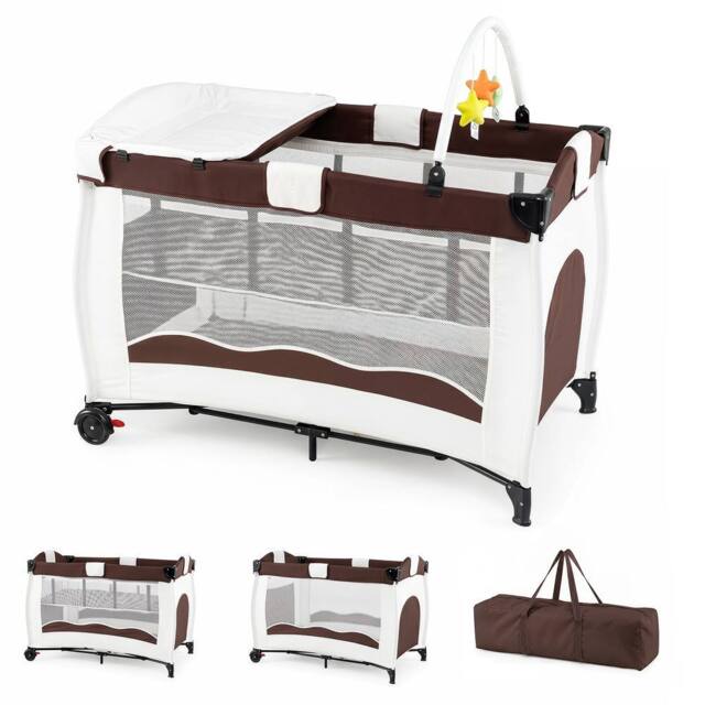 Gymax Folding Playpen 2 Lockable Wheels Diaper Changing Table 3 Hanging Toys in Brown - image 1