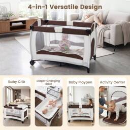 Gymax Folding Playpen 2 Lockable Wheels Diaper Changing Table 3 Hanging Toys in Brown - thumbnail 9