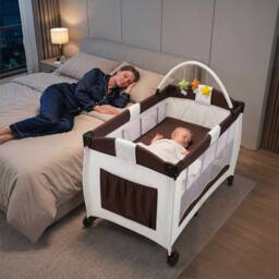 Gymax Folding Playpen 2 Lockable Wheels Diaper Changing Table 3 Hanging Toys in Brown - thumbnail 4