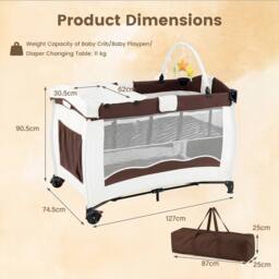 Gymax Folding Playpen 2 Lockable Wheels Diaper Changing Table 3 Hanging Toys in Brown - thumbnail 2