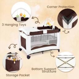 Gymax Folding Playpen 2 Lockable Wheels Diaper Changing Table 3 Hanging Toys in Brown - thumbnail 8