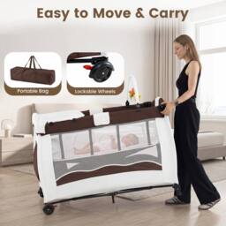 Gymax Folding Playpen 2 Lockable Wheels Diaper Changing Table 3 Hanging Toys in Brown - thumbnail 6