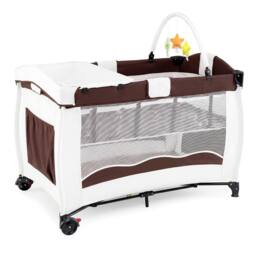 Gymax Folding Playpen 2 Lockable Wheels Diaper Changing Table 3 Hanging Toys in Brown - thumbnail 5