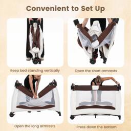 Gymax Folding Playpen 2 Lockable Wheels Diaper Changing Table 3 Hanging Toys in Brown - thumbnail 7