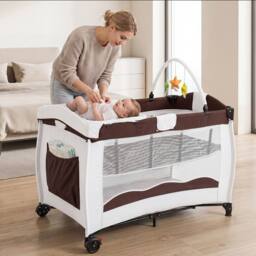 Gymax Folding Playpen 2 Lockable Wheels Diaper Changing Table 3 Hanging Toys in Brown - thumbnail 3