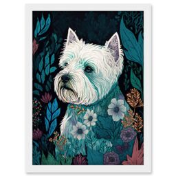 Artery8 West Highland White Terrier in Flowers Dark Multicoloured Linocut Illustration Artwork Framed Wall Art Print A4 - thumbnail 1